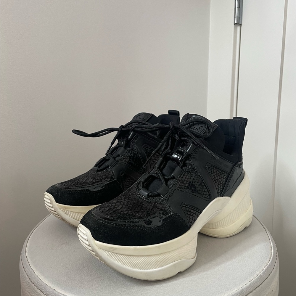 Micheal Kors Olympia Canvas And Suede Black Platform Trainers